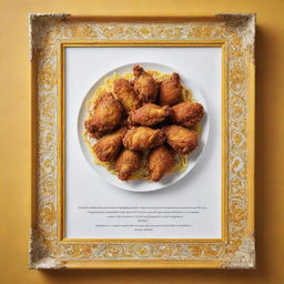 Menu dedicated to Persian-style fried chicken, framed with crisp white and sunny yellow borders. It features tantalizing images of golden crispy chicken, amidst traditional Persian design elements.