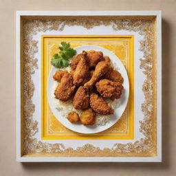 Menu dedicated to Persian-style fried chicken, framed with crisp white and sunny yellow borders. It features tantalizing images of golden crispy chicken, amidst traditional Persian design elements.