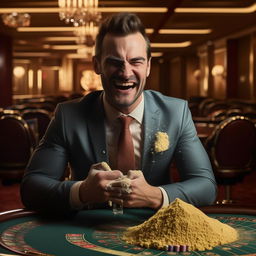 Well-groomed man in a custom suit grinning manically in an empty casino, with a pile of cornflour dusting his upper lip on the table.