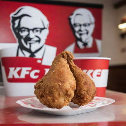 A crispy, golden brown chicken in a KFC restaurant setting with the iconic red and white branding in the background.