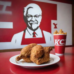 A crispy, golden brown chicken in a KFC restaurant setting with the iconic red and white branding in the background.