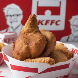 A crispy, golden brown chicken in a KFC restaurant setting with the iconic red and white branding in the background.