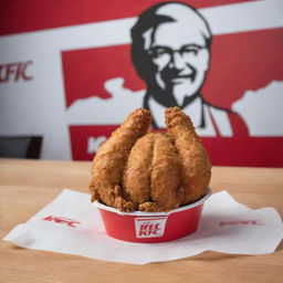 A crispy, golden brown chicken in a KFC restaurant setting with the iconic red and white branding in the background.