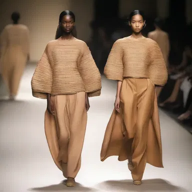 The fashion designer incorporated the concept of a bird-scarer into their collection, using straw-like textiles and earthy tones.