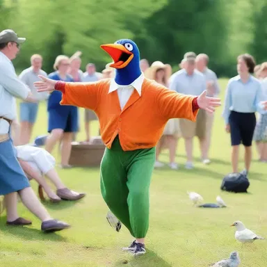 During the picnic, John dressed up as a bird-scarer and performed silly movements, making everyone burst into laughter.