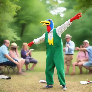 During the picnic, John dressed up as a bird-scarer and performed silly movements, making everyone burst into laughter.