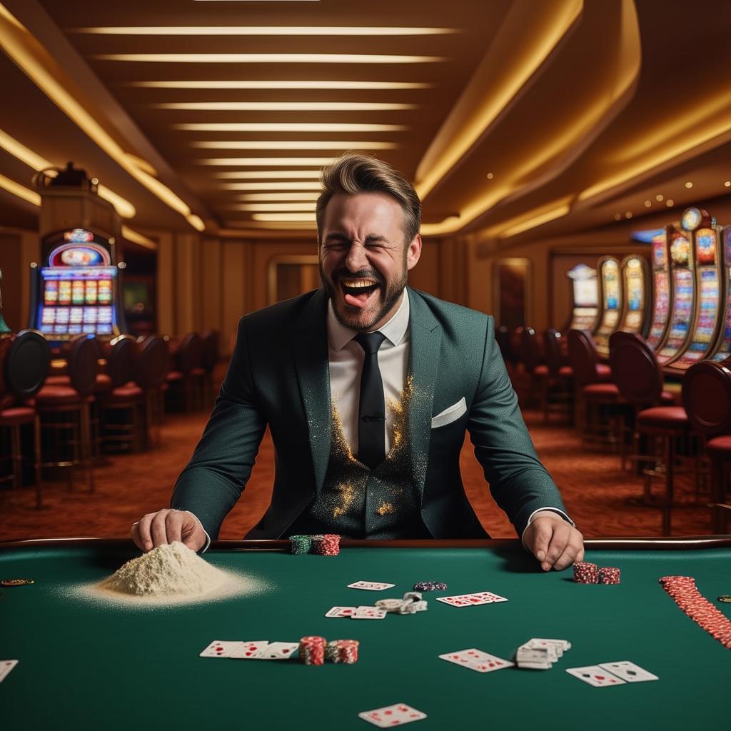 Well-groomed man in a custom suit grinning manically in an empty casino, with a pile of cornflour dusting his upper lip on the table.