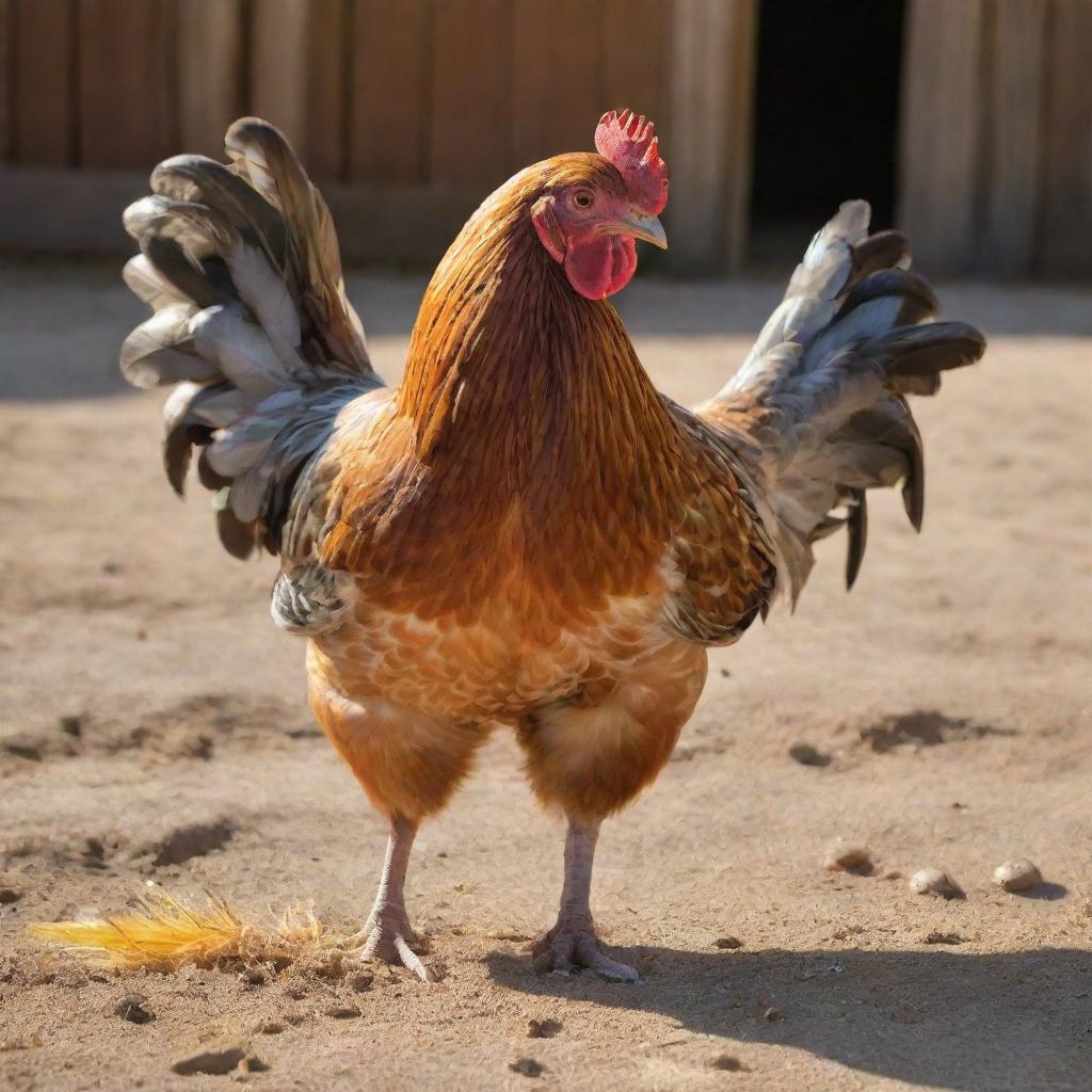 A chicken pecking grain in a sunlit farmyard, highlighted by vibrant colors and detailed feathers.