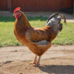 A chicken pecking grain in a sunlit farmyard, highlighted by vibrant colors and detailed feathers.