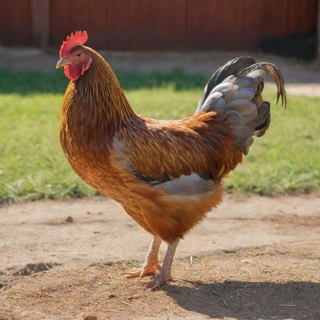 A chicken pecking grain in a sunlit farmyard, highlighted by vibrant colors and detailed feathers.