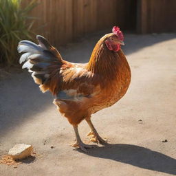 A chicken pecking grain in a sunlit farmyard, highlighted by vibrant colors and detailed feathers.