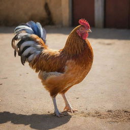 A chicken pecking grain in a sunlit farmyard, highlighted by vibrant colors and detailed feathers.