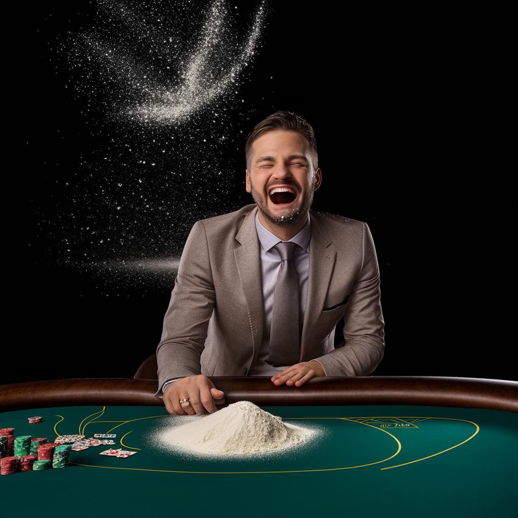 Well-groomed man in a custom suit grinning manically in an empty casino, with a pile of cornflour dusting his upper lip on the table.