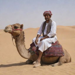 A traditional Baloch man sitting on a camel in the desert