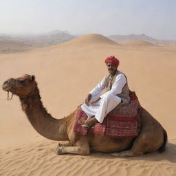 A traditional Baloch man sitting on a camel in the desert