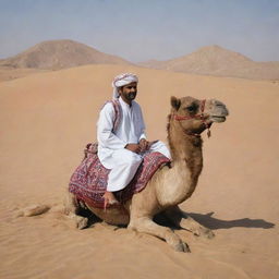 A traditional Baloch man sitting on a camel in the desert