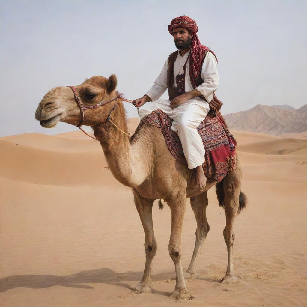 A traditional Baloch man sitting on a camel in the desert