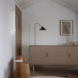 A meticulous and cosy Scandinavian style room, with minimalist furniture, white walls, soft lighting, and wood accents.