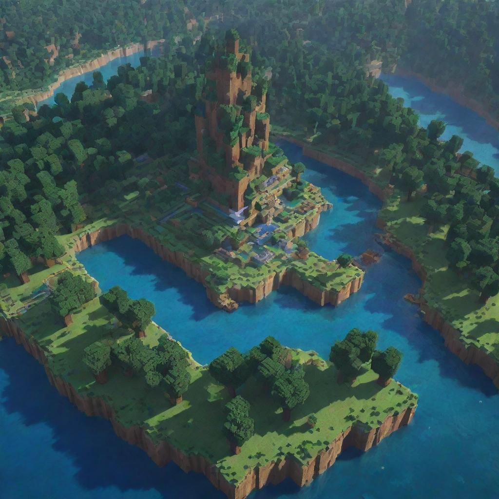 An aerial view of a vibrant Minecraft landscape with blocky trees, sparkling rivers, and intricate structures.