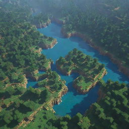 An aerial view of a vibrant Minecraft landscape with blocky trees, sparkling rivers, and intricate structures.