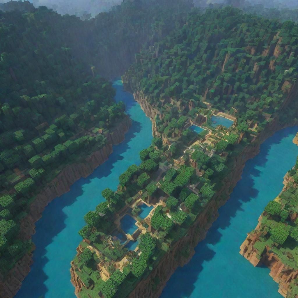 An aerial view of a vibrant Minecraft landscape with blocky trees, sparkling rivers, and intricate structures.