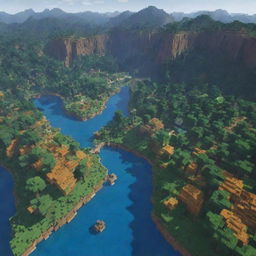 An aerial view of a vibrant Minecraft landscape with blocky trees, sparkling rivers, and intricate structures.