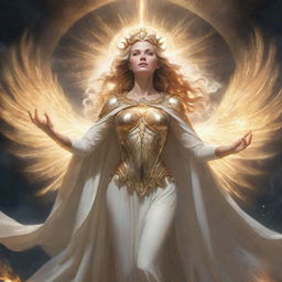 An illustration of Minerva, the Exalted Lightsworn, a majestic figure bathed in radiating, divine light with an ethereal and powerful presence.