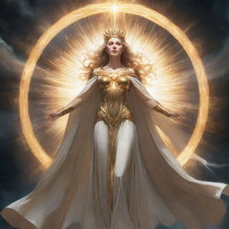 An illustration of Minerva, the Exalted Lightsworn, a majestic figure bathed in radiating, divine light with an ethereal and powerful presence.