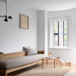 A meticulous and cosy Scandinavian style room, with minimalist furniture, white walls, soft lighting, and wood accents.