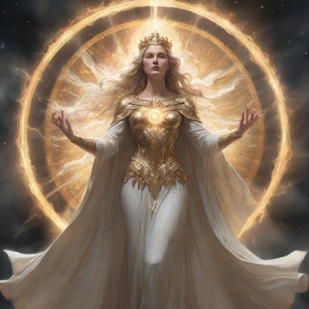 An illustration of Minerva, the Exalted Lightsworn, a majestic figure bathed in radiating, divine light with an ethereal and powerful presence.