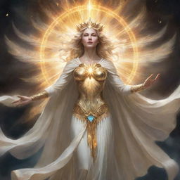 An illustration of Minerva, the Exalted Lightsworn, a majestic figure bathed in radiating, divine light with an ethereal and powerful presence.