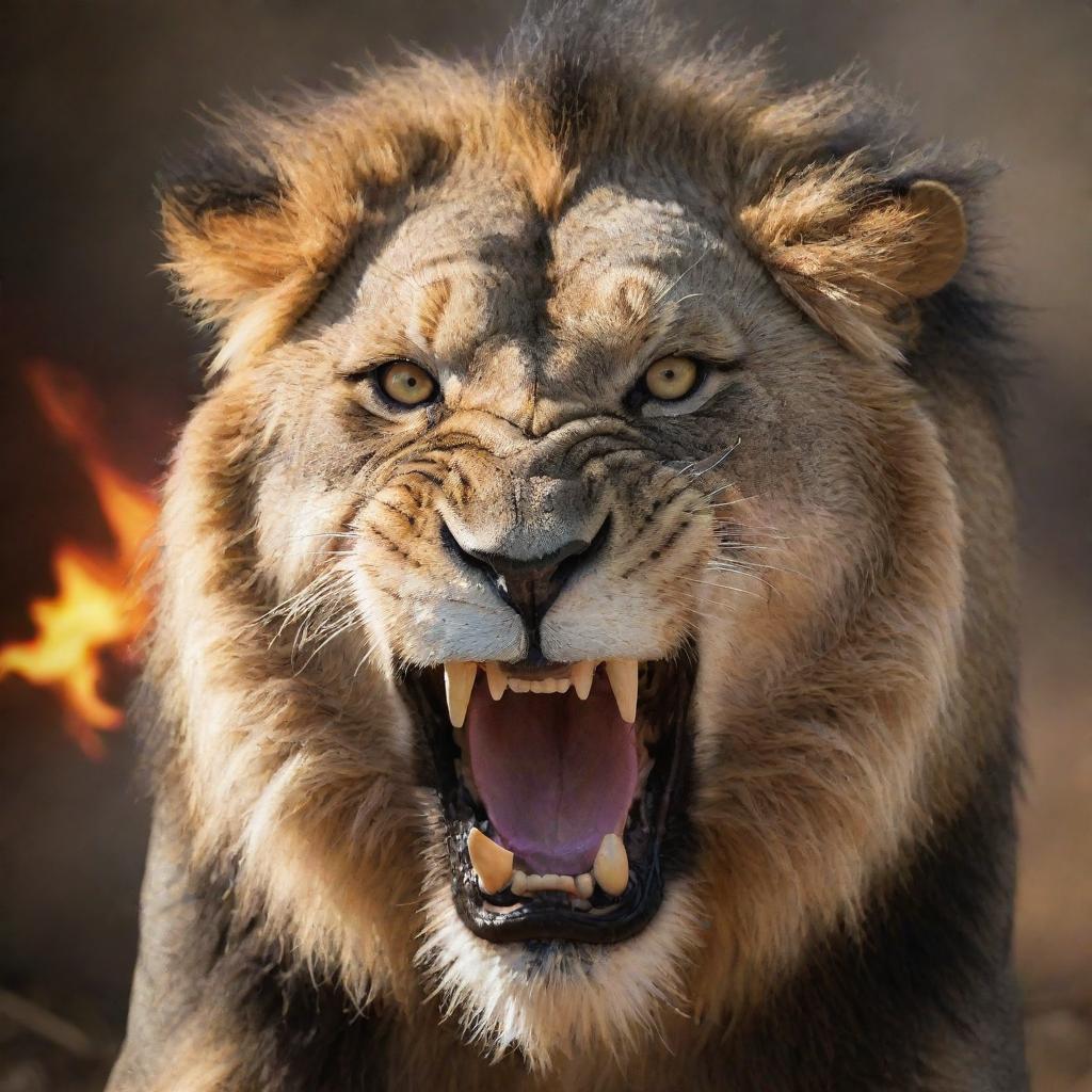 An intimidating and fierce lion in mid-roar, with detailed fangs and a fiery gaze brimming with anger on a safari background.