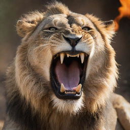 An intimidating and fierce lion in mid-roar, with detailed fangs and a fiery gaze brimming with anger on a safari background.