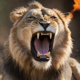 An intimidating and fierce lion in mid-roar, with detailed fangs and a fiery gaze brimming with anger on a safari background.