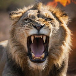 An intimidating and fierce lion in mid-roar, with detailed fangs and a fiery gaze brimming with anger on a safari background.