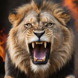 An intimidating and fierce lion in mid-roar, with detailed fangs and a fiery gaze brimming with anger on a safari background.