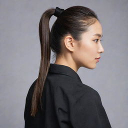 An Asian female with her hair stylishly tied in a ponytail, wearing a plain black shirt.