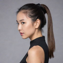 An Asian female with her hair stylishly tied in a ponytail, wearing a plain black shirt.