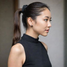 An Asian female with her hair stylishly tied in a ponytail, wearing a plain black shirt.