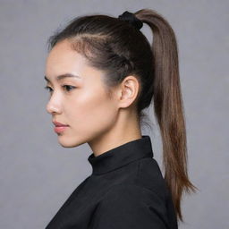 An Asian female with her hair stylishly tied in a ponytail, wearing a plain black shirt.