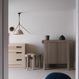 A meticulous and cosy Scandinavian style room, with minimalist furniture, white walls, soft lighting, and wood accents.