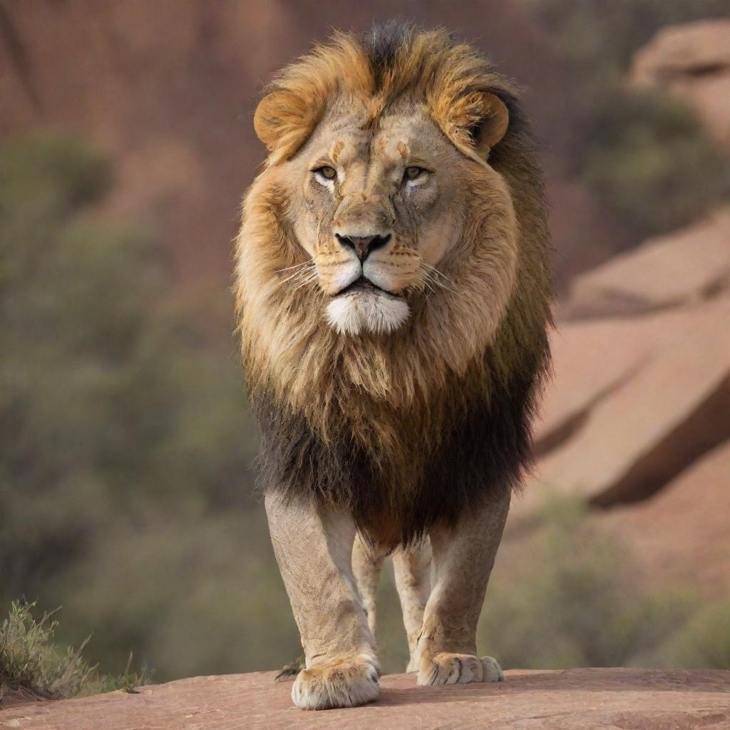 A bold and majestic lion displaying an attitude, with its head held high and a stern expression in its eyes, standing confidently on ravine terrain.