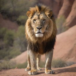 A bold and majestic lion displaying an attitude, with its head held high and a stern expression in its eyes, standing confidently on ravine terrain.