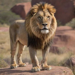 A bold and majestic lion displaying an attitude, with its head held high and a stern expression in its eyes, standing confidently on ravine terrain.