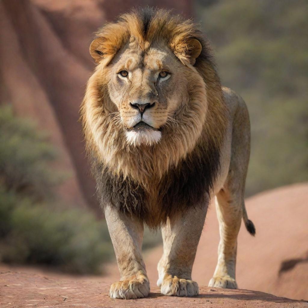 A bold and majestic lion displaying an attitude, with its head held high and a stern expression in its eyes, standing confidently on ravine terrain.