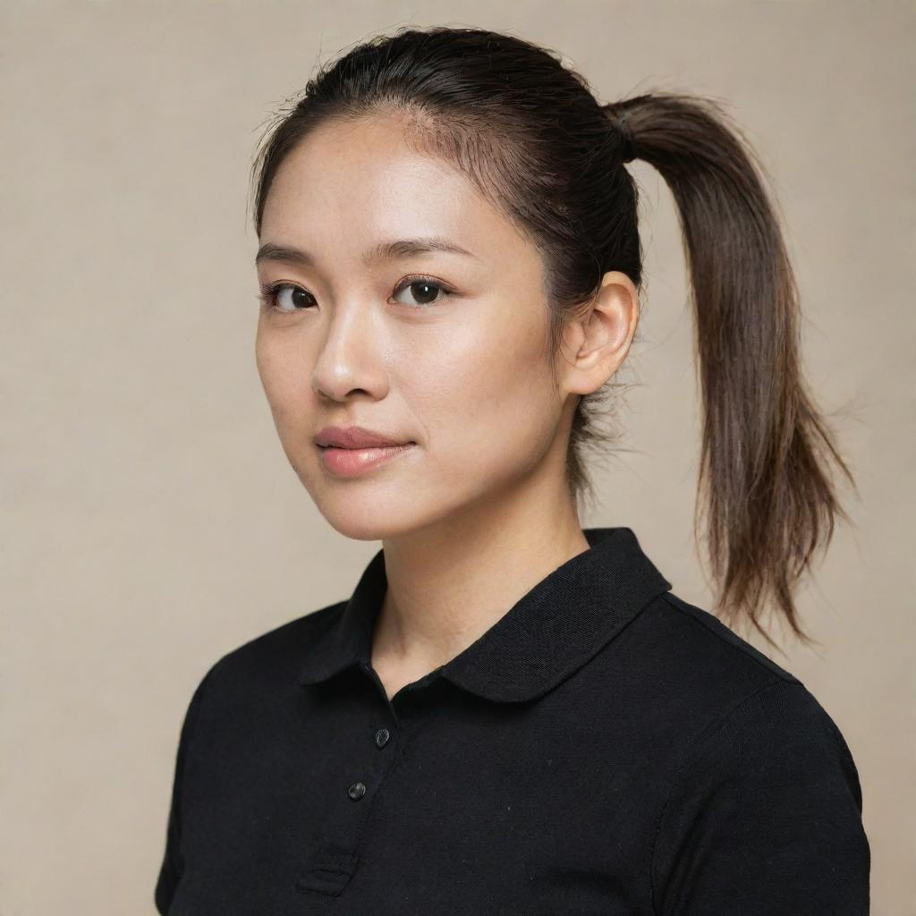 An Asian female with her hair in a ponytail, dressed in a plain black polo shirt with a neutral background.