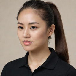 An Asian female with her hair in a ponytail, dressed in a plain black polo shirt with a neutral background.