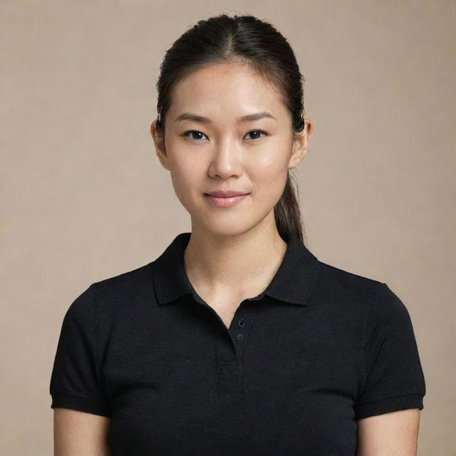 An Asian female with her hair in a ponytail, dressed in a plain black polo shirt with a neutral background.