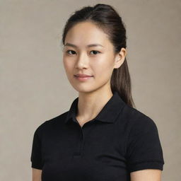 An Asian female with her hair in a ponytail, dressed in a plain black polo shirt with a neutral background.