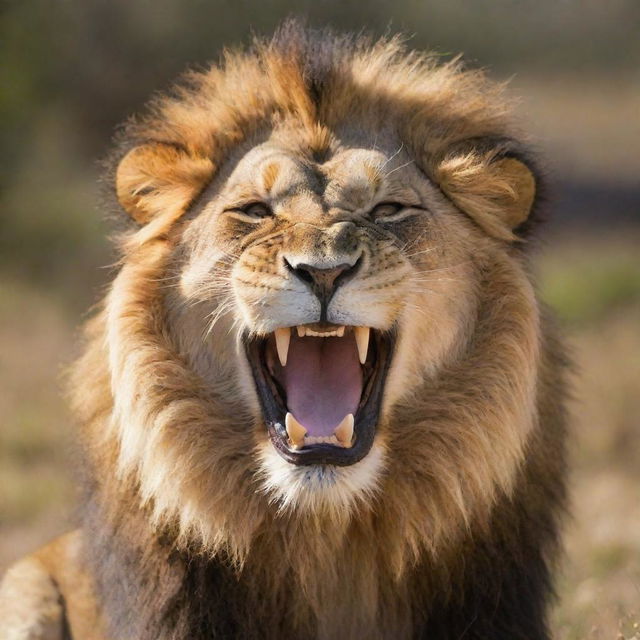 A humorous and playful lion, laughing or making a funny face, with a sunshine savannah backdrop.